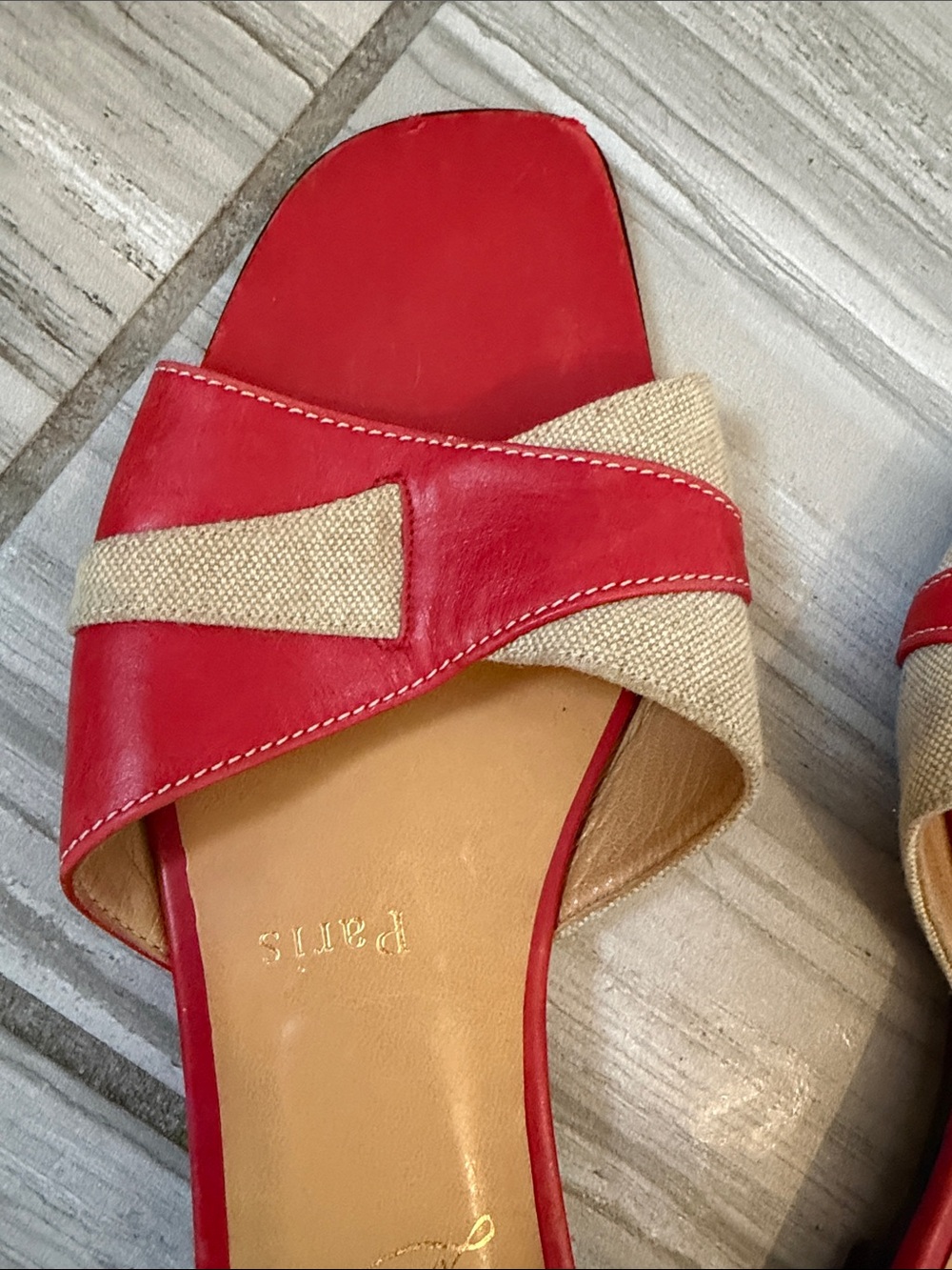 Vintage Christian Louboutin Red and Beige Crossband Slide Sandals - Picture 5 of 8